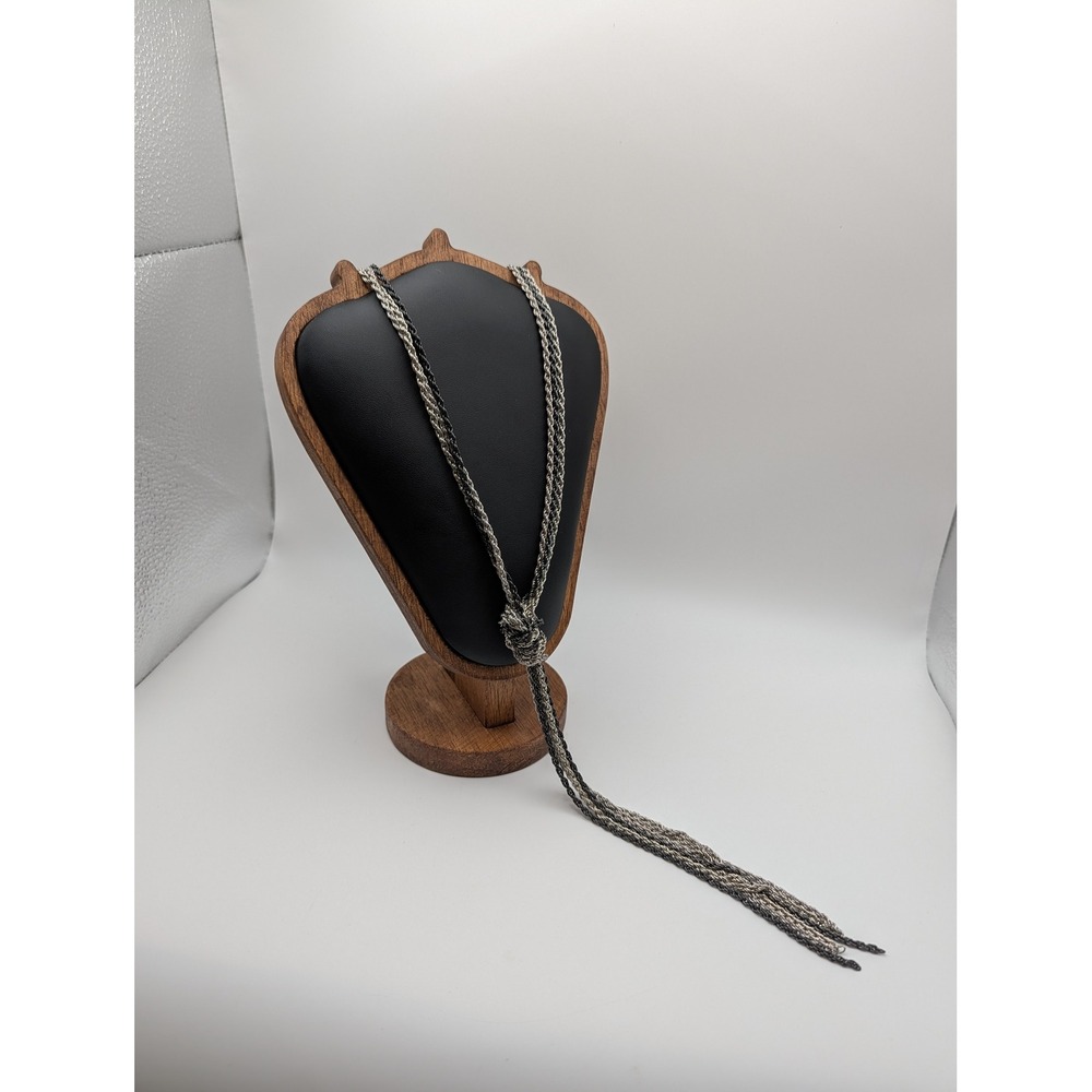 Unsigned Silver and Black Multi Strand Rope Chain Lariat Tassel Knot Necklace
